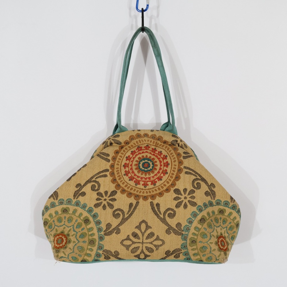 Atenti Carpet Bag Women OS Tan Embroidered Boho Frame Tote Grannycore Cottage
